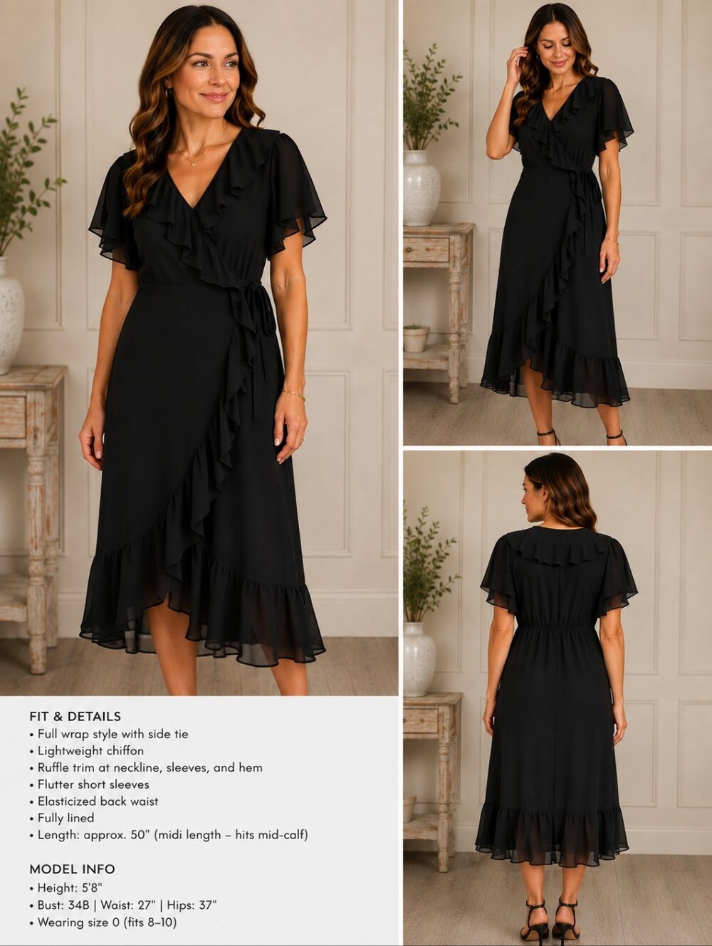 Chico's Black Ruffle Wrap Midi Dress Size 0 Fits 8-10 Chiffon Excellent Cond